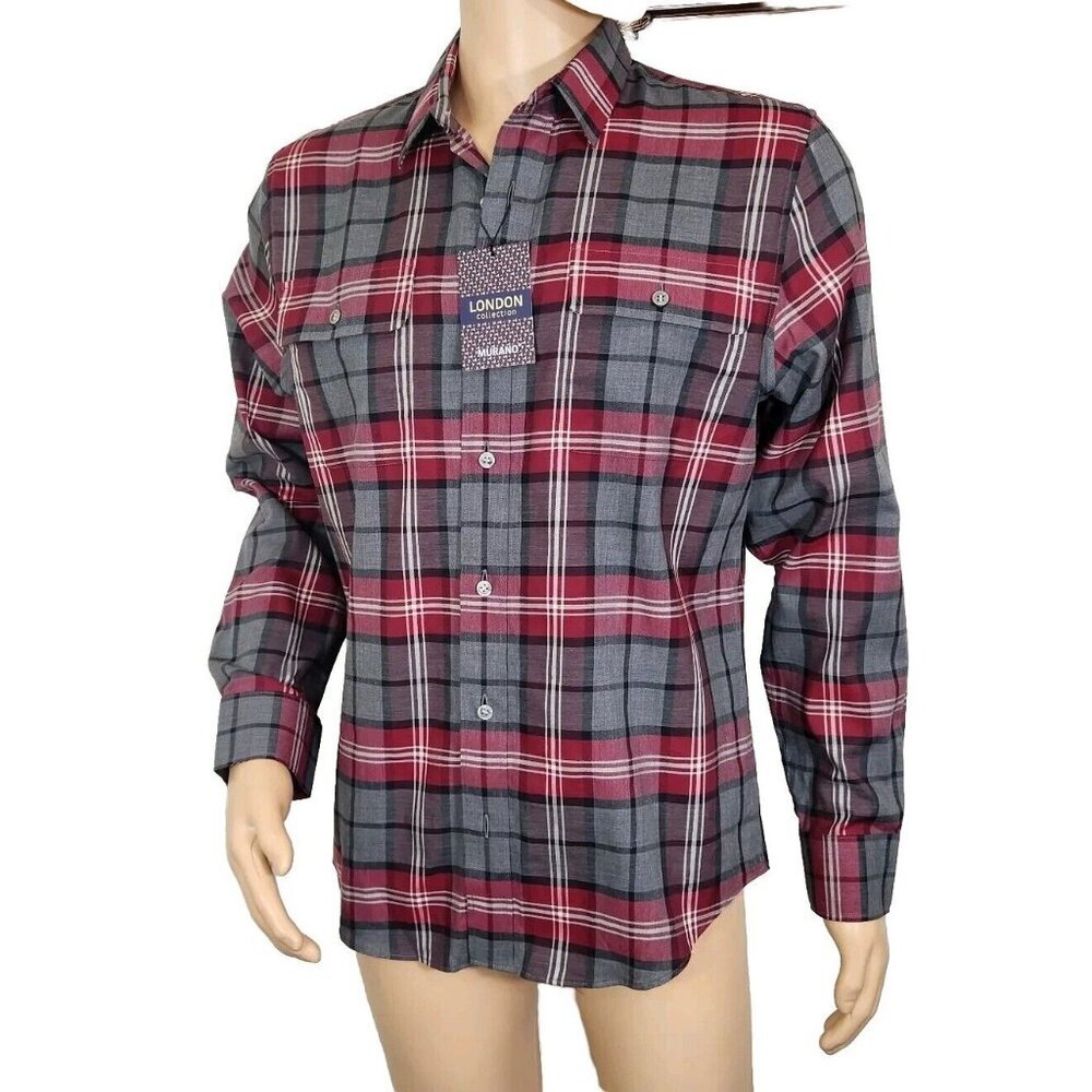Murano Men's Size L Shirt London Collection Slim Fit gray/red plaid casual -(28